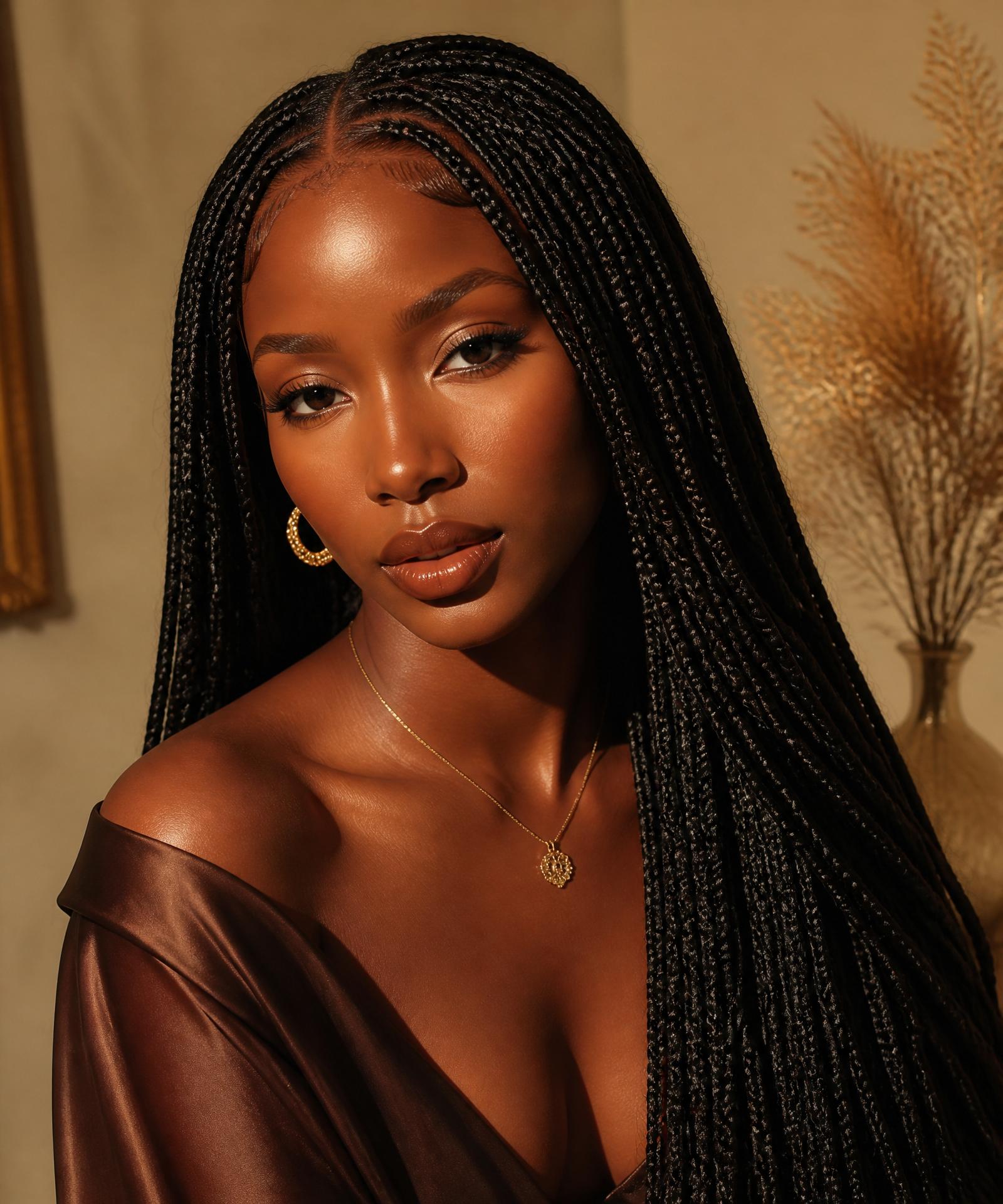 Client with long knotless braids styled by Ashley